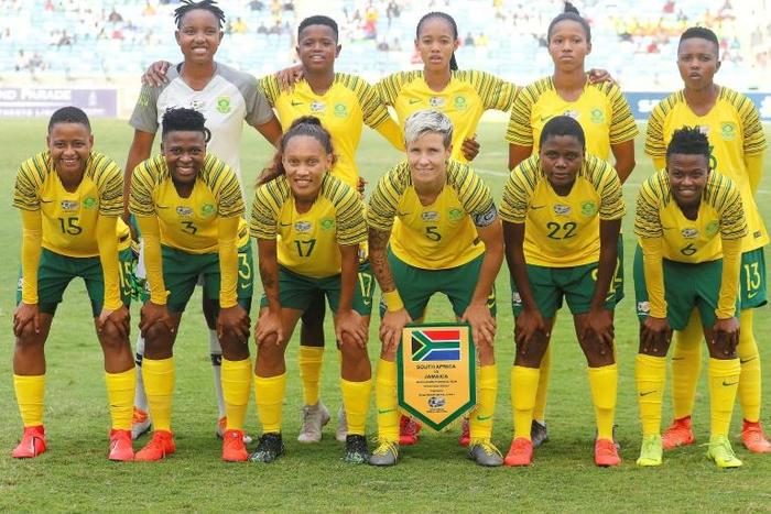 South Africa's players pose before the International friendly football match South Africa vs Jamaica at the Moses Mabhida stadium in Durban on April 7, 2019.