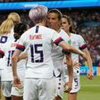 USA players celebrate with number 15 Megan Rapinoe after she scored in the 2-1 win over hosts France in the World Cup quarter-final