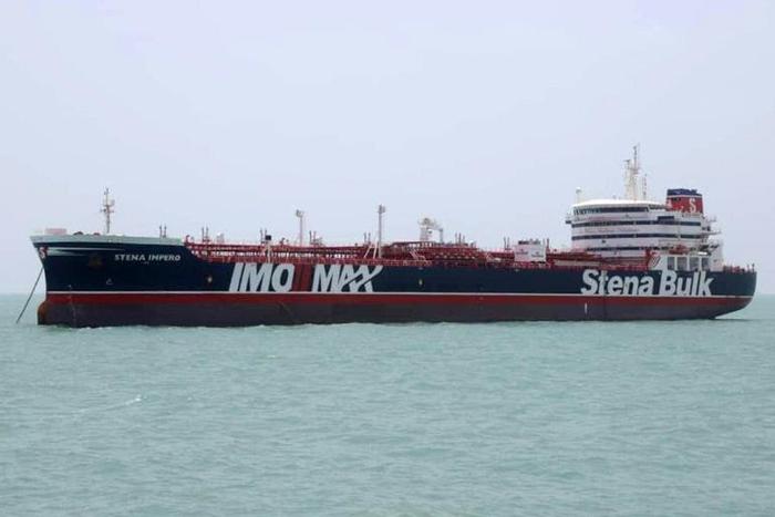 This handout picture released by Iran's Tasnim News Agency shows the British-flagged tanker Stena Impero anchored in Bandar Abbas in southern Iran