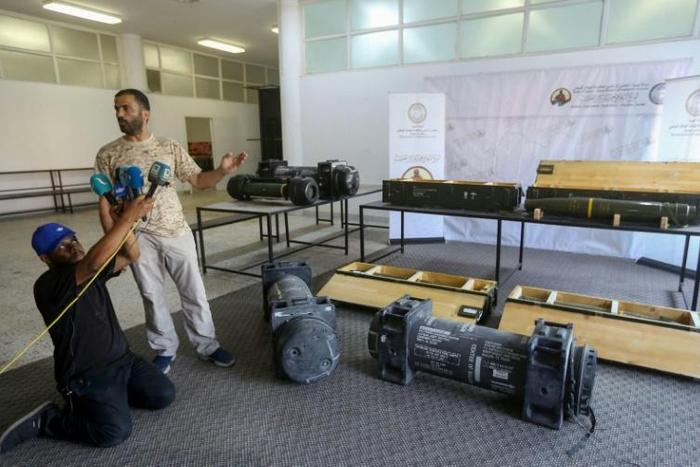 Fighters loyal to Libya's internationally-recognised Government of National Accord (GNA) display US-made Javelin anti-tank missiles and munitions reportedly seized from forces loyal to military strongman Khalifa Haftar