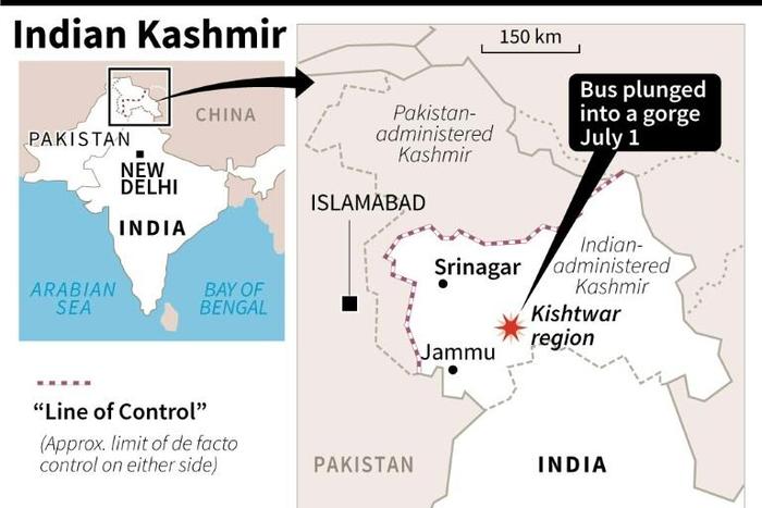 Map of Indian-administered Kashmir locating Kishtwar, where a bus crashed Monday leaving 35 people dead