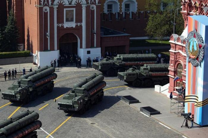 Russian S-400 anti-aircraft missile systems drive on Red Square in Moscow ahead of Russia's Victory Day military parade that was held in May