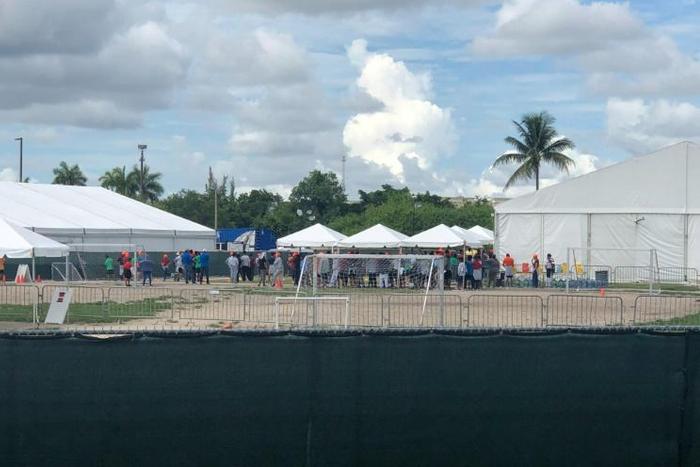 Children are gathered in the United States' largest migrant children detention center, in Homestead, Florida on June 7, 2019