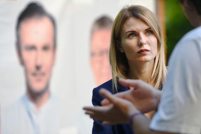 Lesya Vasylenko, lawyer, human rights activistand candidate of Ukrainian party Golos (Voice), headed by the Ukrainian rock star Svyatoslav Vakarchuk, talks with voters during a campaign meeting, ahead of the country's July 21 parliamentary election, in...
