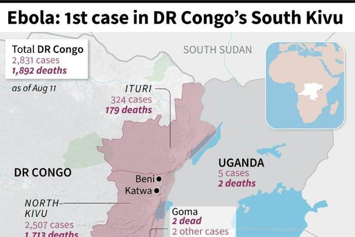 Map showing Ebola epidemic, number of cases and deaths in eastern DR Congo