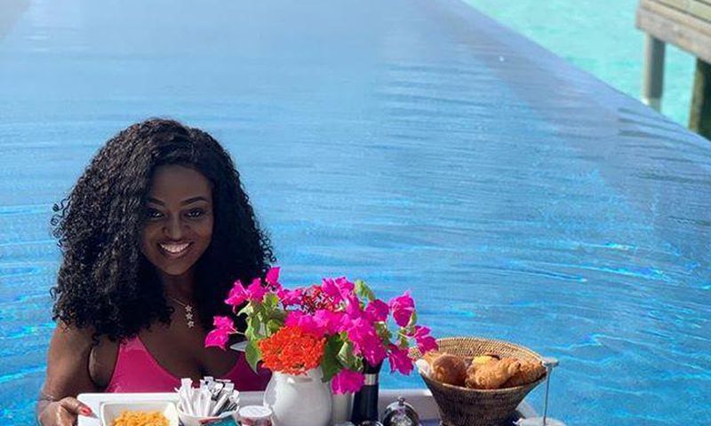 Ghanaian actress, Jackie Appiah enjoys her breakfast  in the Pool