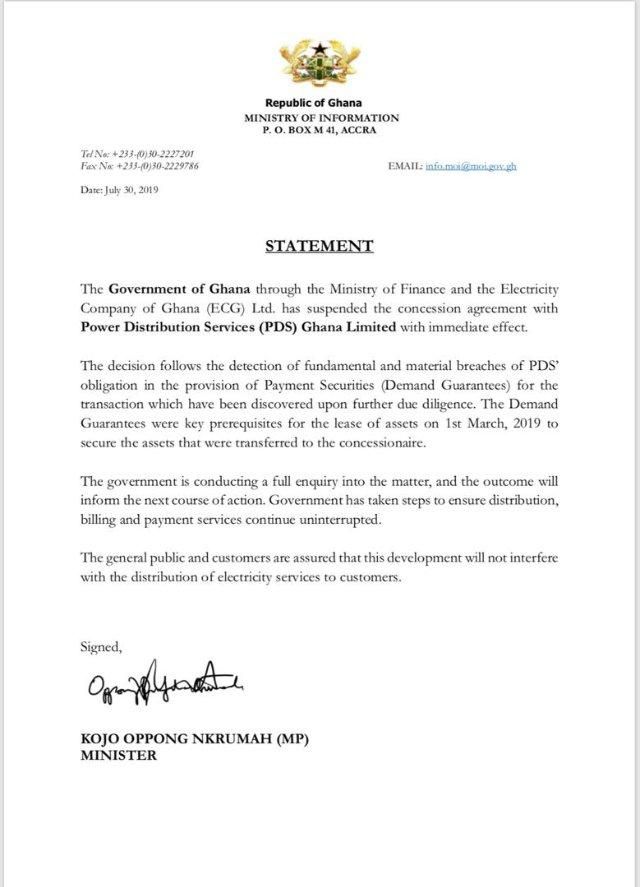 Gov’t suspends PDS agreement; ECG takes over again