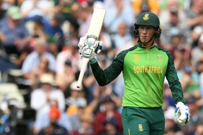 Valuable fifty - South Africa's Rassie van der Dussen acknowledges his half-century in a World Cup match against New Zealand