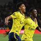 Late winner: Eddie Nketiah of Arsenal (R) celebrates with teammate Tyreece John-Jules (L) after scoring against Bayern Munich