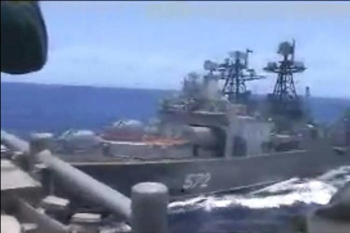 Photos posted online by the US Navy showed that the wake of the US ship is straight with little movement, while that of the Admiral Vinogradov is curved -- showing that it changed direction to align itself with the USS Chancellorsville