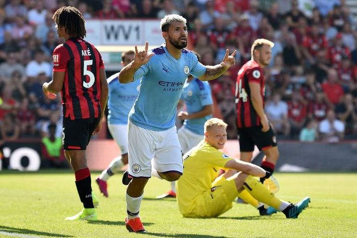 Manchester City striker Sergio Aguero celebrates scoring against Bournemouth