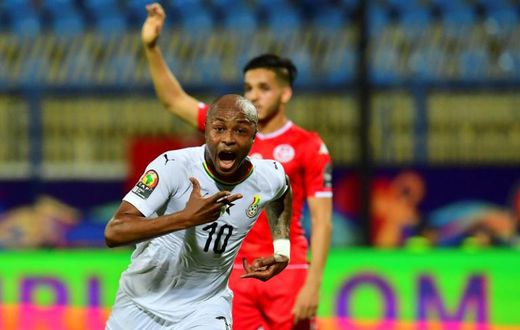 Ghana captain Andre Ayew celebrates a goal before it was disallowed in an Africa Cup of Nations last-16 match against Tunisia
