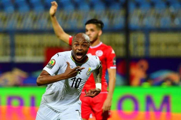 Ghana captain Andre Ayew celebrates a goal before it was disallowed in an Africa Cup of Nations last-16 match against Tunisia
