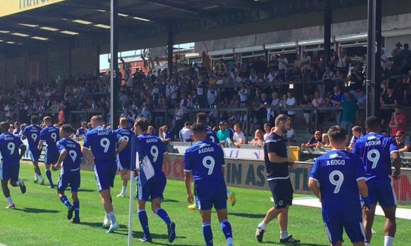 Bristol Rovers FC warm up in Junior Agogo tribute shirts