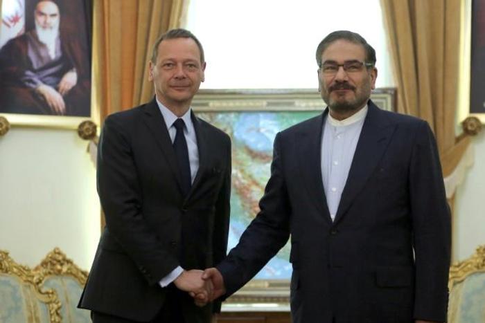 Rear-Admiral Ali Shamkhani (R), the secretary of Iran's Supreme National Security Council, met with Emmanuel Bonne, diplomatic advisor to the French president, in the Iranian capital Tehran on Wednesday