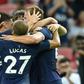 Tottenham's Harry Kane (R) is congratulated by teammates after scoring the decider in their pre-season friendly against Juventus