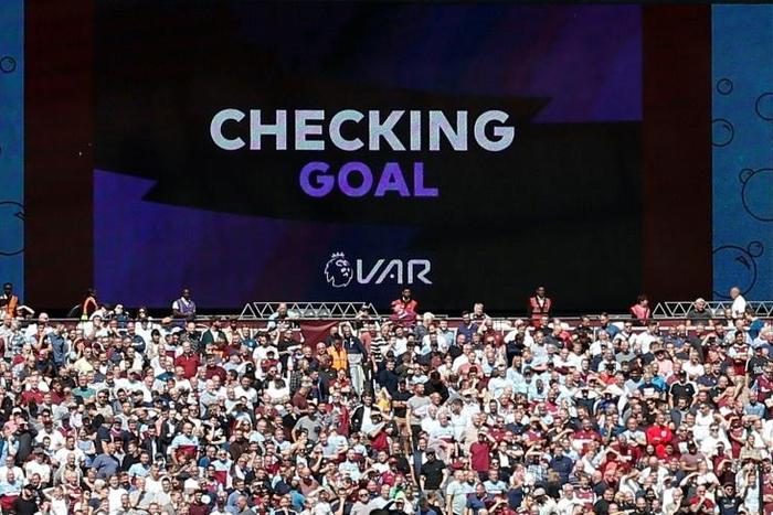 The big screen informs the crowd that the VAR is checking Manchester City's third goal at West Ham