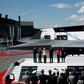 French President Emmanuel Macron, third from right, joined other officials in front of a full-scale model of new jet for Europe's Future Combat Air System (FCAS) at the Paris Air Show on Monday