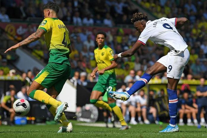 Chelsea striker Tammy Abraham shoots to score his second goal at Norwich