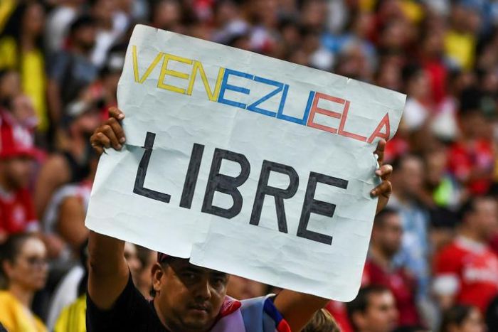 A fan shows off a placard reading "Free Venezuela" during the Copa America match between Peru and Venezuela