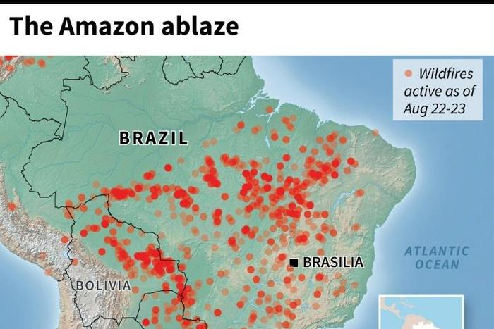 Map locating wildfires in the Amazon as of Aug 22-23