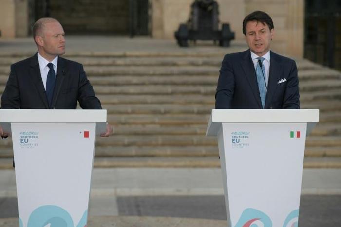 Malta's Prime Minister Joseph Muscat (L) and Italian Prime Minister Giuseppe Conte at the South Europe summit. Their two countries are the closest to North Africa from where the migrants set off to cross the Mediterranean to Europe