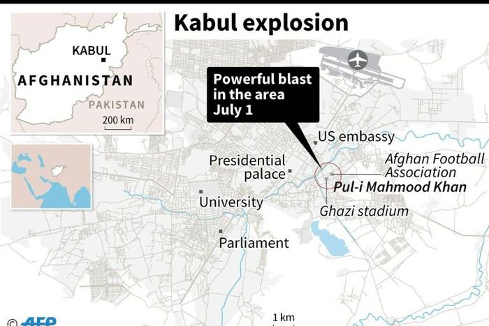 Map locating a blast in Kabul on Monday