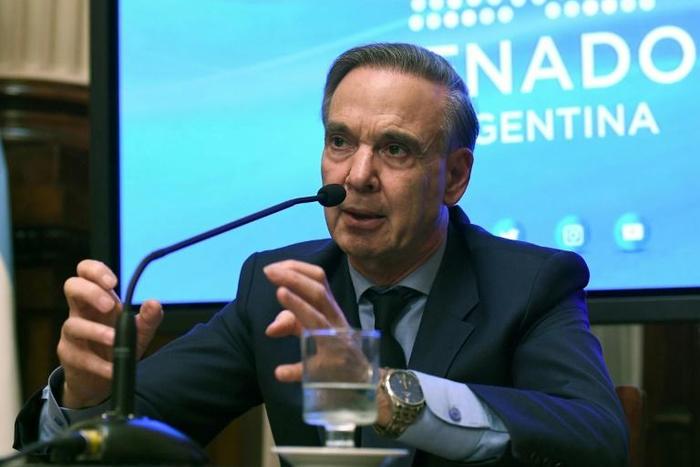 Handout picture released by Argentina's Senate press office of senator Miguel Angel Pichetto during a press conference after President Mauricio Macri picked him to be his running mate in October 27 elections