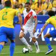 Peru striker Paolo Guerrero (second from left) was well shackled by Brazil's defense when the two sides met in the Copa America group stage