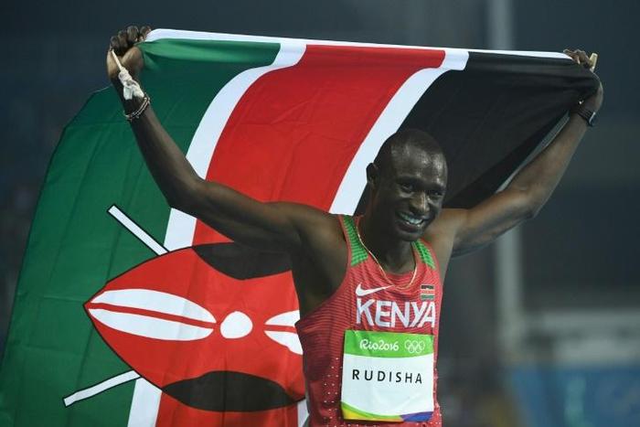 Kenya's David Rudisha, in a file image, celebrates his victory in the men's 800m final during the athletics event at the Rio 2016 Olympic Games at the Olympic Stadium in Rio de Janeiro