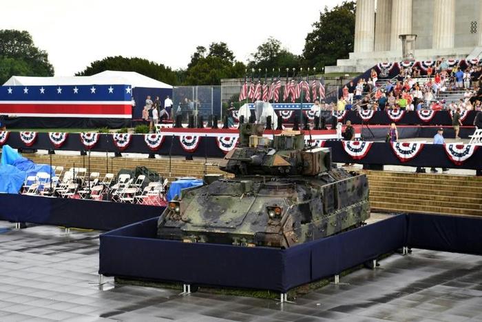 A Bradley Fighting Vehicle is seen as people gather for the "Salute to America" Fourth of July event with US President Donald Trump at the Lincoln Memorial on the National Mall in Washington, DC