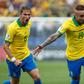 Brazil's flying winger Everton (right) celebrates scoring his second international goal, against Peru at the Copa America