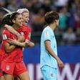 Alex Morgan (2nd right) celebrated her five-goal haul with Megan Rapinoe