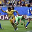 Sam Kerr celebrates her first World Cup goal against Italy on Sunday