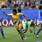 Sam Kerr celebrates her first World Cup goal against Italy on Sunday