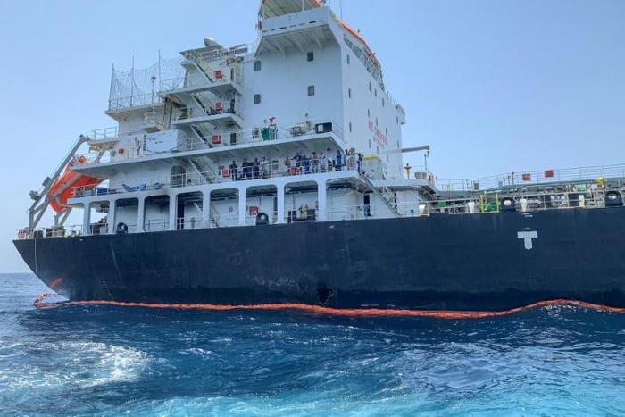 A picture taken during a guided tour by the US Naval Forces Central Command, or NAVCENT, shows damage to the hull of the Japanese-owned tanker Kokuka Courageous off the port of the Gulf emirate of Fujairah on June 19, 2019