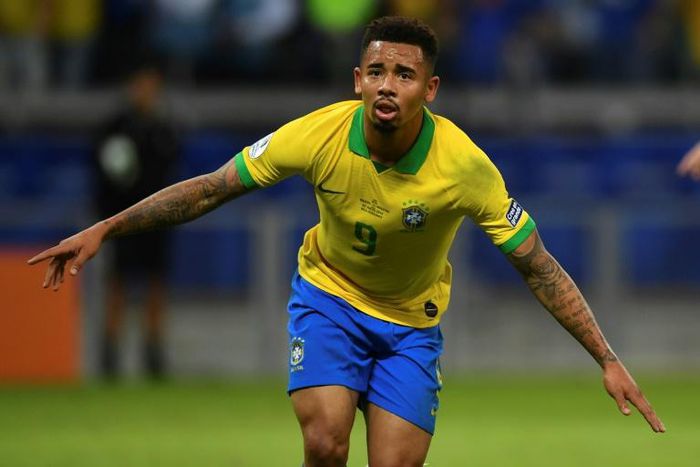 Brazil's Gabriel Jesus celebrates after scoring the opening goal against Argentina in the Copa America semi-final