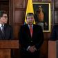 Colombia Foreign Minister Carlos Holmes Trujillo (C) listens as President Ivan Duque (R) speaks next to the president of UN Security Council Gustavo Meza during a press conference in Bogota on July 12, 2019