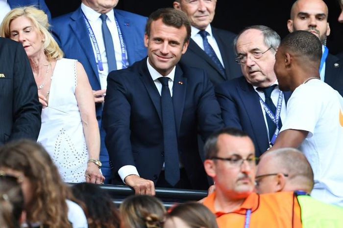 French President Emmanuel Macron met Kylian Mbappe and talked to television before the women's World Cup final kick off in Lyon