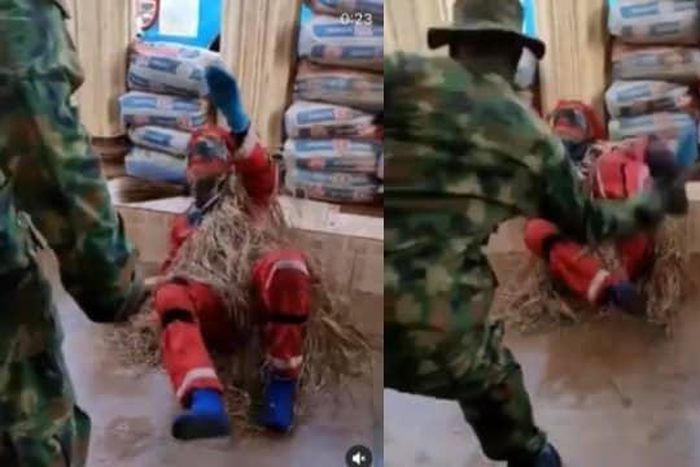 Fearless soldier’s beatings forces masquerade to speak and plead for mercy (video)