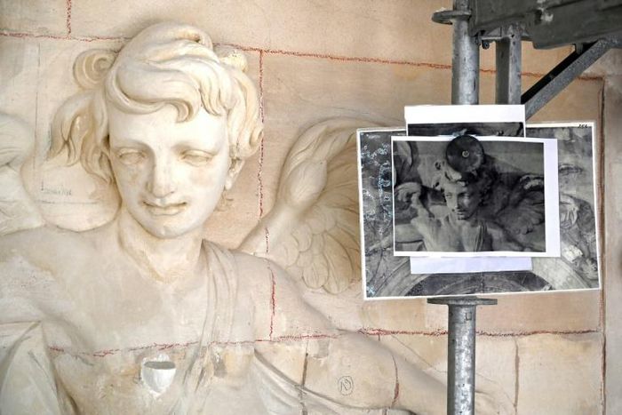 Artisans are restoring the stone sculptures that adorn the Royal Chapel at Versailles, southwest of Paris, as part of an extensive three-year renovation.