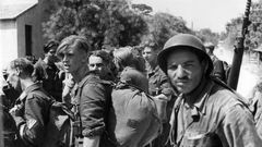 Algerian riflemen guarding German prisoners in Marseille, southern France, in August 1944