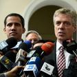 Germany's ambassador to Venezuela, Daniel Kriener, is seen here speaking to the press in February 2019 alongside opposition leader Juan Guaido (left)