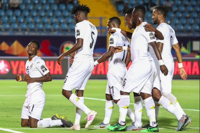 Black Stars celebrate their second goal.