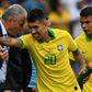 Coach Tite (left) celebrates with goalscorer Roberto Firmino in Brazil's 5-0 thumping of Peru