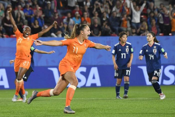Lieke Martens celebrates after sending the goalkeeper the wrong way to score the Netherlands' last-minute penalty winner against Japan