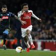 Nigerian Alex Iwobi (R) playing for Arsenal against Napoli in a 2018/2019 Europa League quarter-final