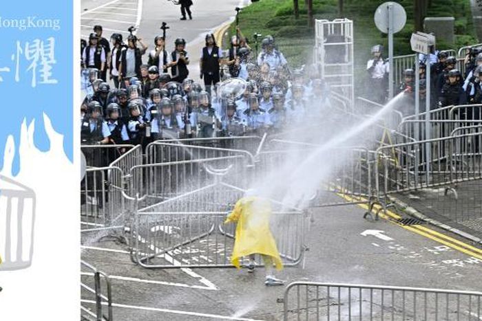 Photo of Hong Kong police using a water canon on a lone protestor went viral and was turned into a meme by Australia-based Chinese dissident artist Badiucao
