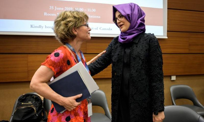 UN special rapporteur on extrajudicial, summary or arbitrary executions Agnes Callamard, left, who issued a damning report on the killing of Saudi journalist Jamal Khashoggi, and his Turkish fiancee Hatice Cengiz