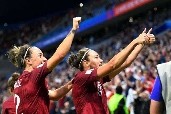 England forward Jodie Taylor celebrates after scoring